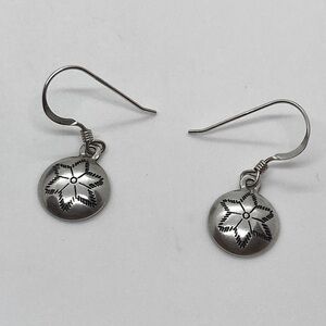 Vtg Navajo Sterling Silver Floral Stamped Design Concho Hook Earrings 1”